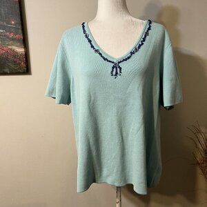 Hampshire Studio Short Sleeve Cotton Knit Top Beaded V Neck Teal Blue Size 1X
